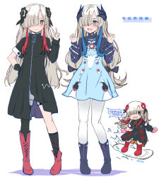 Rule 34 | 1girl, black coat, black flower, black footwear, black gloves, black shrug, black socks, black thighhighs, blue hair, blue skirt, boots, chibi, chibi inset, clenched hands, coat, collared coat, cross-laced footwear, eye contact, flower, full body, gloves, grey eyes, grey hair, hair flower, hair ornament, hand on own hip, hand up, highres, isekai joucho, kamitsubaki studio, kneehighs, lace-up boots, long hair, long sleeves, looking at another, multicolored hair, multiple views, noto (soranoto), pantyhose, red footwear, red hair, shadow, sidelocks, simple background, single glove, single sock, single thighhigh, skirt, snowboard, snowboarding, socks, thighhighs, translation request, two-tone hair, v, white background, white pantyhose