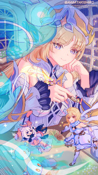 3girls anemo_slime_(genshin_impact) bare_shoulders blonde_hair blue_eyes breasts closed_mouth commentary_request cross-shaped_pupils detached_sleeves dress feather_nib_pen floating genshin_impact halo hat head_rest highres holding holding_pen indoors kani_(mabatakishiro) long_hair lumine_(genshin_impact) medium_breasts multiple_girls nib_pen_(object) nicole_(genshin_impact) open_mouth paimon_(genshin_impact) pen running seelie_(genshin_impact) short_hair_with_long_locks sleeveless slime_(genshin_impact) smile symbol-shaped_pupils white_dress white_hair white_hat white_sleeves yellow_eyes