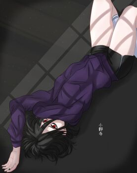 Rule 34 | 1girl, absurdres, commentary request, death, demon, empty eyes, exhausted, highres, looking at viewer, lying, red eyes, reflection