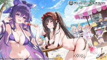 6+girls azur_lane bent_over bikini black_hair breasts cleavage clock_eyes curvy date_a_live food frilled_bikini frills hair_ribbon hairband heterochromia ice_cream large_breasts long_hair looking_at_viewer manjuu_(azur_lane) multiple_girls navel official_art popsicle promotional_art purple_bikini purple_eyes purple_hair purple_ribbon red_bikini red_eyes red_hairband red_ribbon ribbon sideboob smile stomach strap_pull swimsuit symbol-shaped_pupils thick_thighs thighs third-party_source tokisaki_kurumi twintails underboob very_long_hair wide_hips yatogami_tohka yellow_eyes