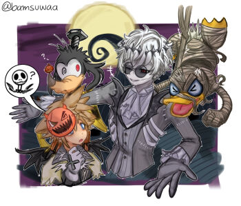 4boys bamsuwus black_crown crown diamond_hairband donald_duck formal_clothes gloves goofy highres jacket kingdom_hearts long_sleeves looking_at_viewer male_focus multiple_boys pinstripe_pattern pinstripe_suit round_eyewear short_hair skully_j._graves smile solo sora_(kingdom_hearts) striped_clothes suit sunglasses the_nightmare_before_christmas twisted_wonderland white_hair