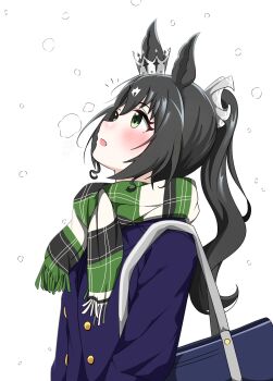 1girl abyss_kpn_(ki) animal_ears bag black_hair black_scarf blue_coat blush breath buttons coat commentary crown_ornament double-breasted ear_through_crown green_eyes green_scarf hair_between_eyes highres horse_ears horse_girl long_hair looking_up multicolored_hair open_mouth satono_crown_(umamusume) scarf school_bag school_uniform shoulder_bag side_ponytail solo streaked_hair symbol-only_commentary tracen_school_uniform tracen_winter_coat umamusume upper_body white_hair white_scarf winter_clothes winter_coat winter_uniform
