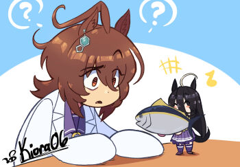 +++ 2girls ? agnes_tachyon_(umamusume) ahoge animal animal_ear_fluff animal_ears artist_name black_hair brown_hair chemical_structure commentary_request earrings eighth_note fish hair_between_eyes highres holding holding_animal holding_fish horse_ears horse_girl horse_tail huge_ahoge jewelry kiora06 lab_coat long_hair long_sleeves manhattan_cafe_(umamusume) manhattan_cafe_holding_a_fish_(meme) medium_hair meme mini_person minigirl multiple_girls musical_note pleated_skirt purple_shirt purple_skirt purple_thighhighs red_eyes school_uniform shirt single_earring skirt sleeves_past_fingers sleeves_past_wrists spanish_commentary tail thighhighs tracen_school_uniform umamusume