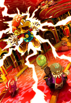 Rule 34 | 3boys, 3girls, artist name, blonde hair, blue overalls, bowser, commentary request, crown, earrings, electrocution, facial hair, gloves, hat, highres, holding, holding staff, indoors, jewelry, kammy koopa, maribou (supermaribou), mario, mario (series), multiple boys, multiple girls, mustache, nintendo, nose, overalls, paper bowser, paper mario, paper mario: the thousand-year door, paper mario (character), paper peach, princess peach, reaching, red hat, red shirt, reflective floor, shirt, sir grodus, sphere earrings, staff, vivian (paper mario), white gloves