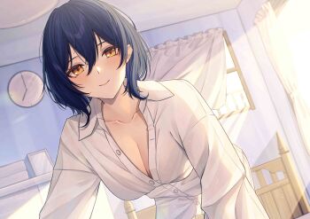 1girl absurdres analog_clock blue_hair breasts buttons cleavage clock closed_mouth collarbone highres indie_virtual_youtuber isana615 large_breasts leaning_forward orange_eyes oumiya_emma partially_unbuttoned second-party_source shirt smile solo virtual_youtuber white_shirt window
