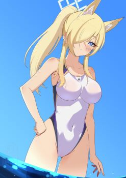 1girl animal_ear_fluff animal_ears blonde_hair blue_archive blue_background blue_eyes blue_halo breasts commentary_request competition_swimsuit covered_navel dog_ears dog_girl extra_ears gradient_background hair_over_one_eye halo highleg highleg_one-piece_swimsuit highres kanna_(blue_archive) kanna_(swimsuit)_(blue_archive) koshimizu_you large_breasts long_hair looking_at_viewer notched_ear official_alternate_costume one-piece_swimsuit ponytail solo standing swimsuit water white_one-piece_swimsuit