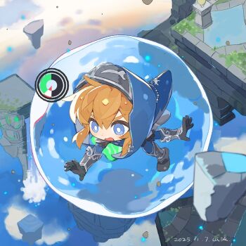 1boy black_boots black_gloves black_hood blonde_hair blue_eyes blue_pants boots chibi chibi_only dated furrowed_brow gloves hair_between_eyes hood hood_up in_bubble link male_focus nintendo open_mouth outstretched_hand pants shanzer sidelocks solo the_legend_of_zelda the_legend_of_zelda:_tears_of_the_kingdom vambraces wavy_mouth zora_set_(zelda)