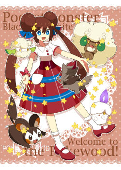 1girl blue_eyes blush bracelet brown_hair cottonee dadada_(dadadanoda) double_bun dress emolga gen_5_pokemon hair_bun highres jewelry litwick long_hair mary_janes nintendo open_mouth outstretched_arms plaid_clothes plaid_dress pokemon pokemon_(creature) pokemon_bw2 ribbon rosa_(pokemon) shoes smile socks twintails very_long_hair whimsicott white_legwear zorua