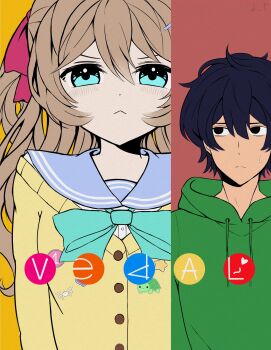 1boy :< aqua_bow aqua_bowtie black_eyes black_hair blue_eyes blue_sailor_collar bow bowtie breasts brown_hair cardigan character_name closed_mouth cover dora_pomidora7 double-parted_bangs drawstring green_hoodie hair_between_eyes hair_ornament hair_ribbon hairpin heart highres hood hoodie light_blush long_hair looking_at_viewer looking_to_the_side messy_hair neuro-sama off-shoulder_cardigan orange_background parody red_background ribbon sailor_collar short_hair small_breasts star_pin sweatdrop title_parody toradora! two_side_up upper_body v-shaped_eyebrows vedal987 vedal_ai yellow_cardigan