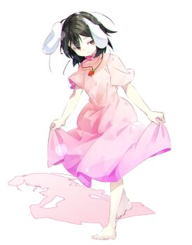 1girl :/ :3 animal_ears bare_arms bare_legs barefoot black_hair carrot_necklace collar frilled_collar frills full_body gorilla_(bun0615) highres inaba_tewi jewelry lop_rabbit_ears necklace rabbit_ears rabbit_girl red_eyes shadow short_hair short_sleeves sideways_glance simple_background skirt_hold solo toes touhou walking white_background