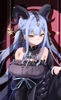 1girl absurdres arknights bang_dream! bang_dream!_it's_mygo!!!!! bare_shoulders black_dress black_horns blue_hair blue_ribbon breasts buttons chinese_commentary closed_mouth commentary_request curled_horns dress earrings frilled_dress frills hand_up highres horns jewelry large_breasts long_hair looking_at_viewer official_alternate_costume orblack ribbon solo spotlight togawa_sakiko togawa_sakiko_(master_of_melodia) upper_body yellow_eyes