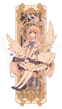 1701hbk 1girl angel_wings black_shoes blue_archive capelet card_(medium) chinese_commentary closed_mouth commentary_request dress feathered_wings frilled_dress frills full_body gun hair_bun halo high_heels highres holding holding_gun holding_weapon lanchester_smg long_hair looking_at_viewer low_wings mika_(blue_archive) pantyhose pink_hair pink_halo scrunchie shoes single_side_bun smile solo standing submachine_gun tarot tarot_(medium) the_fool_(tarot) v_arms weapon white_capelet white_dress white_pantyhose white_wings wing_ornament wings wrist_scrunchie yellow_eyes