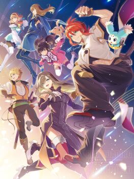 Rule 34 | 3boys, 3girls, adjusting eyewear, anise tatlin, arrow (projectile), ascot, bare shoulders, belt, black hair, black pants, blonde hair, blue boots, blue bow, blue eyes, blue gloves, boots, bow, breasts, brown boots, brown dress, brown eyes, brown gloves, brown hair, brown hairband, brown pants, brown sleeves, choker, commentary request, creature, detached sleeves, dress, elbow gloves, fingerless gloves, floating hair, glasses, gloves, green eyes, guy cecil, hair ribbon, hairband, hand in pocket, hand on own chest, high heels, highres, jacket, jade curtiss, jumping, knife, large breasts, long hair, looking to the side, luke fon fabre, medium breasts, mieu (tales), multiple boys, multiple girls, natalia (idolmaster), open mouth, orange vest, pants, pink dress, quiver, red eyes, red hair, red thighhighs, ribbon, shirt, short hair, short sleeves, shuragyoku mami, sleeveless, sleeveless dress, smile, swept bangs, sword, sword on back, tabard, tales of (series), tales of the abyss, tear grants, thigh boots, thighhighs, tokunaga (tales), twintails, twitter username, vest, weapon, weapon on back, white boots, white gloves, white jacket, white shirt, white tabard, white thighhighs, wrist bow, yellow ascot, yellow ribbon