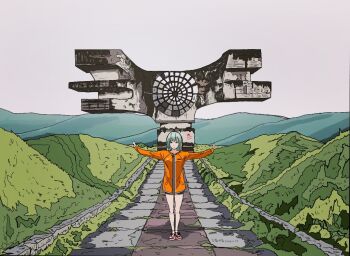 1girl architecture black_shorts communism concrete croatia forest green_hair grey_sky jacket landscape monument monument_to_the_revolution_of_the_people_of_moslavina mountain mountainous_horizon nature orange_jacket original outstretched_arms path real_world_location red_shoes red_star road scenery shoes shorts sky sneakers solo star_(symbol) statue track_jacket wuyuu yugoslavia