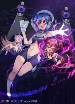 3girls beret black_shirt black_shorts blue_hair boots breasts card copyright_notice gloves hat highres holding holding_card kei_s01 looking_at_viewer medium_hair multiple_girls navel official_art open_mouth outstretched_arm red_eyes shirt shorts small_breasts solo sorachi_makina thigh_boots trading_card white_boots white_gloves white_hat wixoss