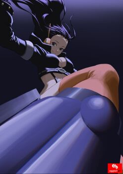 1girl arm_up black_hair black_jacket boots breasts cleavage closed_mouth commentary cropped_jacket egg_tart_art floating_hair headphones highres jacket leather leather_jacket long_hair nico_robin one_piece orange_thighhighs smile solo thighhighs watermark