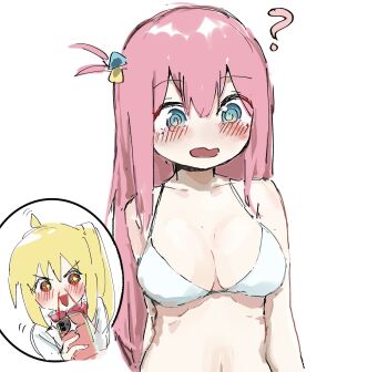 2girls ? @_@ ahoge ahoge_wag blonde_hair blood blue_eyes bocchi_the_rock! bow bra breasts cellphone collarbone expressive_hair gotoh_hitori highres holding holding_phone ijichi_nijika looking_down medium_breasts multiple_girls navel nosebleed open_mouth phone pink_hair red_bow red_eyes satsuma_potato9 shirt shirt_bow simple_background sketch smartphone smartphone_case sparkle sparkling_eyes stomach taking_picture underwear upper_body wavy_mouth white_background white_bra white_shirt