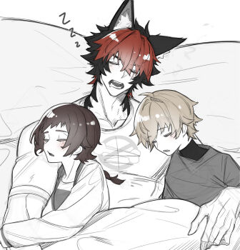 1girl 2boys animal_ear_fluff animal_ears bed bf2xuec6ow98466 black_hair black_shirt blanket blonde_hair body_fur bone_print braid braided_ponytail brown_eyes child collarbone dog_boy dog_ears drooling fangs grey_shirt hair_between_eyes highres komano_manato long_hair lying multicolored_hair multiple_boys multiple_scars muscular muscular_male on_back on_bed open_mouth pectorals pillow red_hair scar scar_across_eye scar_on_face scar_on_hand shirt short_hair sleeping white_background white_shirt zenless_zone_zero zzz
