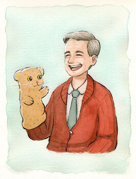 1boy border closed_eyes collared_shirt commentary english_commentary fred_rogers green_necktie grey_hair hand_puppet happy long_sleeves male_focus mister_rogers&#039;_neighborhood necktie oliver_hamlin open_mouth painting_(medium) puppet real_life red_sweater shirt short_hair simple_background smile solo sweater traditional_media watercolor_(medium) white_border white_shirt wrinkled_skin