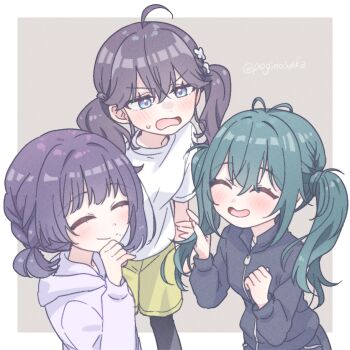 3girls ^_^ ahoge antenna_hair black_jacket blush border braid butterfly_hair_ornament closed_eyes commentary_request gakuen_idolmaster green_hair grey_hoodie hair_ornament hataya_misuzu highres hood hoodie idolmaster jacket kaya_rinha long_hair looking_at_another matching_hairstyle mole mole_under_mouth multiple_girls outside_border pogii purple_hair shirt simple_background smile sweatdrop syngup!_(idolmaster) tsukimura_temari twintails twitter_username v-shaped_eyebrows white_border white_shirt