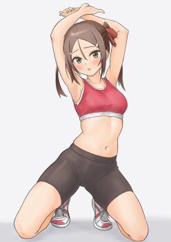 1girl :o armpits arms_up bare_arms bike_shorts black_shorts blush breasts brown_hair commentary crossed_wrists english_commentary green_eyes grey_background hair_between_eyes hair_ribbon highres kneeling looking_at_viewer man12sikata-04 medium_breasts miyoshi_karin navel open_mouth red_sports_bra ribbon shoes shorts sidelocks simple_background sneakers solo sports_bra sportswear yuuki_yuuna_wa_yuusha_de_aru yuusha_de_aru