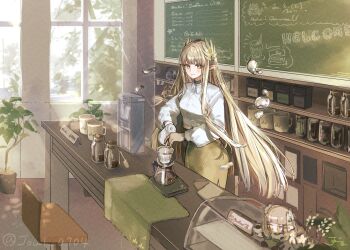 1girl arknights black_choker blonde_hair chalkboard character_doll choker coffee coffee_beans coffee_maker coffee_mug coffee_pot commentary_request commission cup doll elf glass_bottle hair_ornament highres indoors joul_0704 long_hair looking_at_viewer muelsyse_(arknights) mug pencil_skirt pointy_ears shirt skeb_commission skirt solo twitter_username very_long_hair white_shirt yellow_eyes yellow_skirt