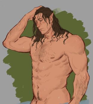 1boy abs absurdres baldur's_gate baldur's_gate_3 bara brown_hair closed_eyes completely_nude dark-skinned_male dark_skin dungeons_&amp;_dragons dungeons_&amp;_dragons elf flaccid hairy halsin highres krazy_(mrskrazyy) large_pectorals male_focus mature_male medium_hair muscular muscular_male navel navel_hair nipples nude pectorals penis penis_out_of_frame penis_peek pointy_ears solo sparse_arm_hair sparse_chest_hair stomach strongman_waist thick_eyebrows wet wet_hair