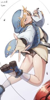 1boy absurdres artist_name ass bare_legs black_shorts black_skirt blonde_hair blue_boots blue_eyes blue_hoodie boots bridget_(guilty_gear) commentary dated drawstring english_commentary finger_to_face fingerless_gloves from_behind glint gloves guilty_gear guilty_gear_strive highres hood hood_up hooded_jacket hoodie jacket light_blush long_sleeves looking_at_viewer looking_back mars_symbol micro_shorts microskirt mixed-language_commentary open_clothes open_jacket outstretched_arm pleated_skirt puffy_long_sleeves puffy_sleeves shirt shorts shorts_under_skirt skirt socks solo string ticker_(kks2ksy) trap white_socks yellow_hoodie yellow_shirt yo-yo