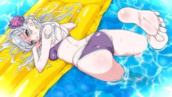 Rule 34 | 1girl, absurdres, ass, back, barefoot, bikini, blue eyes, breasts, character request, commission, copyright request, feet, flower, grey hair, hair flower, hair ornament, hashiguchi takashi, highres, inflatable raft, long hair, looking at viewer, looking back, purple bikini, skeb commission, small breasts, soles, solo, swimming, swimsuit, toes, water