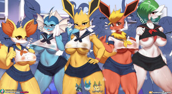 ! !! ... 2023 5girls ? absol absurdres amber_eyes areola_slip belly big_breasts blue_eyes blue_skirt blush breasts breath brown_eyes burgerkiss covered_erect_nipples english_text erection eyelashes fangs female_focus fennekin flareon fox frill_(anatomy) fur furry furry_female gardevoir gen_1_pokemon gen_2_pokemon gen_3_pokemon gen_4_pokemon gen_5_pokemon gen_6_pokemon glaceon green_hair hand_on_breast highres huge_breasts jolteon large_areolae leafeon legendary_pokemon looking_at_viewer lucario lugia membrane microskirt miniskirt multiple_girls navel nintendo nipples one_eye_closed open_mouth orange_eyes orange_fur personification pokemon pokemon_(creature) pussy_juice red_eyes school school_uniform see-through_clothes short_hair skirt subscribestar_logo subscribestar_username sweat sweatdrop tail take_your_pick talking thick_thighs thighs tongue translucent under_boob underboob vaporeon watermark weavile wide_hips yellow_fur zorua