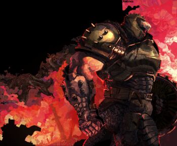 1boy armor bara biceps doom_(series) doomguy fire hell highres kartinonos muscular muscular_male veins walking_away