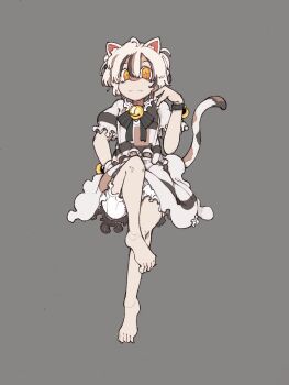 1girl ahoge animal_ear_fluff animal_ears bare_legs barefoot bell black_bow black_bowtie black_hair bloomers blouse bolos bow bowtie bright_pupils brown_hair cat_ears cat_tail clenched_hand closed_mouth collared_shirt commentary dot_nose feet frilled_shirt frilled_sleeves frills full_body goutokuji_mike grey_background holding knee_up knees looking_at_viewer loose_hair_strand miniskirt multicolored_hair neck_bell orange_eyes patchwork_clothes paw_pose pleated_skirt puffy_short_sleeves puffy_sleeves shirt short_hair short_sleeves simple_background sitting skirt skirt_set slit_pupils smile solo straight-on streaked_hair tachi-e tail toes touhou underwear white_bloomers white_hair white_pupils white_shirt white_skirt wrist_belt