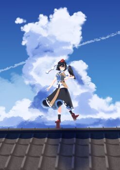 Rule 34 | 1girl, absurdres, animal, bird, black hair, black skirt, black socks, cloud, commentary, crow, cumulonimbus cloud, day, full body, gasubanana, geta, hat, highres, holding, holding animal, holding bird, on roof, outdoors, pom pom (clothes), puffy short sleeves, puffy sleeves, red hat, shameimaru aya, short hair, short sleeves, skirt, socks, solo, standing, standing on one leg, tengu, tengu-geta, tokin hat, touhou