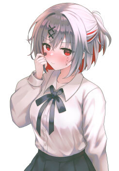 1girl bandaid bandaid_on_face black_ribbon black_skirt blush closed_mouth collared_shirt colored_inner_hair commentary_request glazearty grey_hair hair_ornament hand_up highres long_sleeves looking_at_viewer mahou_shoujo_no_majo_saiban multicolored_hair neck_ribbon official_alternate_costume pleated_skirt ponytail red_eyes ribbon school_uniform shirt shito_alisa short_hair short_ponytail simple_background skirt solo streaked_hair white_background white_shirt x_hair_ornament