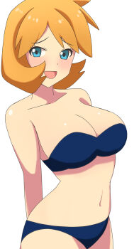 1girl :d arms_behind_back bare_shoulders bikini blue_bikini blue_eyes blush breasts cleavage collarbone cowboy_shot eyelashes large_breasts looking_at_viewer medium_hair misty_(pokemon) navel neng_(user_fyxc8875) nintendo open_mouth orange_hair parted_bangs pokemon pokemon_gsc pokemon_hgss raised_eyebrows short_hair simple_background smile solo stomach strapless strapless_bikini swimsuit white_background