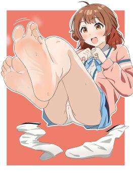 1girl barefoot blush brown_eyes brown_hair feet gakuen_idolmaster hanami_ume highres idolmaster long_hair open_mouth panties pantyshot socks soles steam sweat toes underwear unworn_socks white_socks yorunoudonya