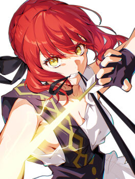 1girl absurdres ancient_greek_clothes arrow_(projectile) bare_shoulders black_bow black_choker black_gloves black_ribbon bow bow_(weapon) braid breasts choker chromatic_aberration cleavage collarbone commentary crown_braid dress electricity fang fate/strange_fake fate_(series) fingerless_gloves floating_hair gloves greco-roman_clothes hair_between_eyes hair_bow hand_up highres himation hippolyta_(fate) holding holding_arrow holding_bow_(weapon) holding_weapon kumo33 looking_at_viewer medium_breasts red_hair ribbon short_hair sideboob sidelocks simple_background sleeveless sleeveless_dress solo teeth untranslatable_commentary v-shaped_eyebrows wavy_hair weapon white_background white_dress yellow_eyes