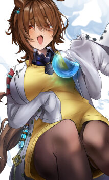 1girl absurdres agnes_tachyon_(tach-nology)_(umamusume) agnes_tachyon_(umamusume) ahoge animal_ears bandolier belt black_necktie black_pantyhose blush breasts brown_hair chemical_structure chemicals coat collared_shirt commentary_request cork earrings fang flask fume highres holding holding_flask horse_ears horse_girl horse_tail jewelry lab_coat liquid long_sleeves looking_at_viewer medium_breasts necktie open_mouth pantyhose partial_commentary pen po_musubi red_eyes round-bottom_flask shirt short_hair simple_background single_earring skin_fang sleeves_past_wrists smoke solo sweater_vest tail test_tube umamusume white_background white_coat yellow_sweater_vest