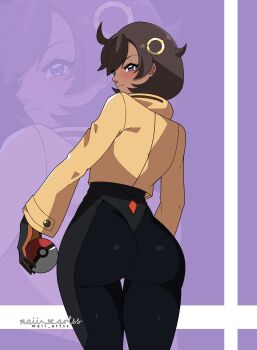 1girl ass black_hair blush bodysuit dark-skinned_female dark_skin emma_(pokemon) from_behind gloves jacket long_sleeves looking_back maiiartss nintendo poke_ball pokemon pokemon_legends:_z-a purple_eyes short_hair
