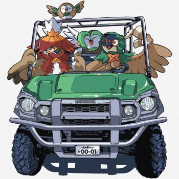 ^_^ all-terrain_vehicle beak bird brown_feathers closed_eyes dartrix decidueye driving evolutionary_line feather_hair feathers gen_7_pokemon green_feathers highres hisuian_decidueye license_plate looking_at_viewer motor_vehicle nintendo no_humans one_eye_closed onigiri_debu open_mouth owl pokemon pokemon_(creature) pokemon_focus road_trip rowlet simple_background sparkle white_background white_feathers winged_arms wings yellow_eyes