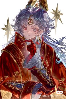 1boy absurdres earrings eyelashes finger_to_own_chin floating_hair forehead_jewel gloves gold_trim grin heterochromia high_collar highres identity_v ithaqua_(identity_v) ithaqua_(philosopher&#039;s_stone)_(identity_v) jacket jewelry long_hair looking_to_the_side male_focus nanshizichuanduikuailefengnancanshang red_eyes red_gloves red_jacket shirt smile solo upper_body white_eyes white_hair white_shirt wide_sleeves