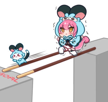 &gt;_&lt; 1girl :3 balancing black_garter_straps blue_capelet blue_hood blush capelet chattino_(raora_panthera) chibi chibi_only closed_mouth commentary english_commentary food garter_straps hololive hololive_english hood hooded_capelet mixed-language_commentary nikoo oversized_food oversized_object panther_girl panther_tail pink_hair pink_tail pocky raora_panthera raora_panthera_(1st_costume) running shorts simple_background sweatdrop tail thighhighs thighs virtual_youtuber white_background white_shorts white_thighhighs yellow_eyes