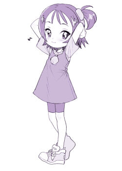 1girl child closed_mouth commentary_request full_body monochrome ojamajo_doremi partial_commentary ponsuke_(pon00000) purple_theme segawa_onpu shoes short_hair simple_background smile solo white_background