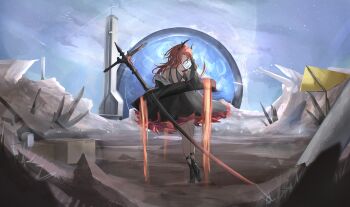 1girl absurdres ankle_boots arknights arknights:_endfield bare_shoulders black_boots black_dress black_gloves black_horns black_jacket boots box closed_mouth commentary dress floating floating_object floating_sword floating_weapon from_behind full_body gloves hand_up high_heels highres horns huge_weapon jacket long_hair looking_back multicolored_dress night night_sky off_shoulder on_ground outdoors purple_eyes red_dress red_hair sky star_(sky) surtr_(arknights) sword two-tone_dress vincentime weapon