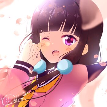 1girl blend_s blunt_bangs ichijo_rei long_hair looking_at_viewer low_twintails one_eye_closed open_mouth purple_eyes sakuranomiya_maika school_uniform shirt smile solo twintails very_long_hair