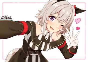 1girl animal_ears blush bow breasts coat commentary_request curren_chan_(fille_eclair)_(umamusume) curren_chan_(umamusume) dress ear_bow ear_covers gloves grey_hair hair_between_eyes heart highres horse_ears horse_girl horse_tail long_sleeves looking_at_viewer motsutoko off-shoulder_coat off-shoulder_dress off-shoulder_jacket off_shoulder one_eye_closed open_mouth purple_eyes red_bow short_hair smile solo striped_clothes striped_dress tail umamusume vertical-striped_clothes vertical-striped_dress white_gloves