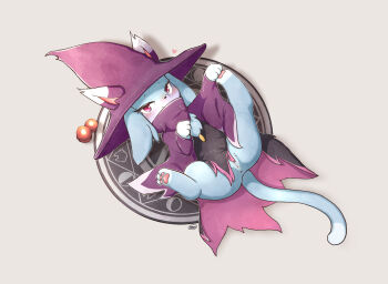 1girl animal_ears animal_hands anus blush cat cat_ears cat_girl cat_tail cleft_of_venus cloak commentary english_commentary from_above from_side furry grey_background grey_fur hat hat_with_ears heart highres holding_own_foot katress kjh_22 looking_at_viewer lying magic_circle naughty_face on_back palworld pawpads presenting_pussy purple_cloak purple_hat pussy red_eyes simple_background solo spread_legs tail uncensored witch_hat