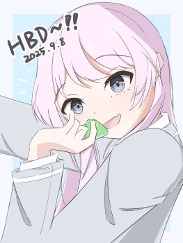 1girl bang_dream! bang_dream!_it&#039;s_mygo!!!!! blush border chihaya_anon commentary fang grey_eyes grey_jacket haneoka_school_uniform highres holding holding_plectrum jacket long_hair looking_at_viewer melty_lubll open_mouth outside_border pink_hair plectrum school_uniform skin_fang solo white_border