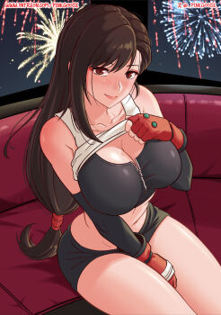 1girl aerial_fireworks artist_name bare_shoulders between_legs black_skirt black_sports_bra breasts brown_eyes brown_hair cleavage closed_mouth collarbone commentary cowboy_shot english_commentary final_fantasy final_fantasy_vii fingerless_gloves fireworks gloves gurinsensei hand_between_own_legs large_breasts lifting_own_clothes long_hair looking_at_viewer low-tied_long_hair midriff patreon_username red_gloves sitting skirt smile solo sports_bra tank_top tifa_lockhart twitter_username twitter_x_logo white_tank_top