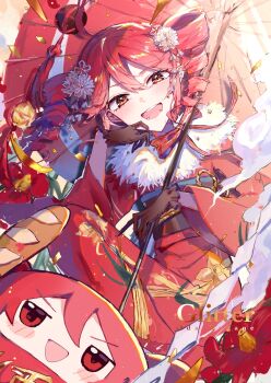 1girl :d ahoge artist_name baguette black_gloves bread commentary_request confetti drill_hair floral_print floral_print_kimono flower food gloves hair_between_eyes highres japanese_clothes kasane_teto kimono looking_at_viewer oda_kogane oil-paper_umbrella open_mouth print_kimono red_eyes red_flower red_hair red_kimono smile solo teeth tongue twin_drills umbrella utau